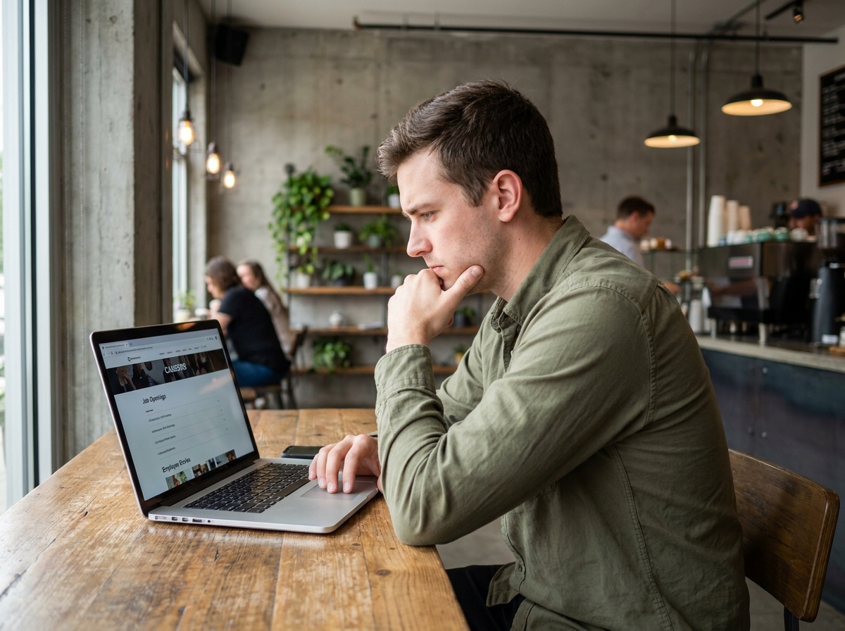 Candidat consultant un site carrière sur son ordinateur portable dans un café coworking, simulant l'expérience candidat en ligne