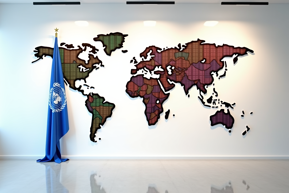Carte du monde avec des piles de billets de différentes couleurs dans un bureau lumineux