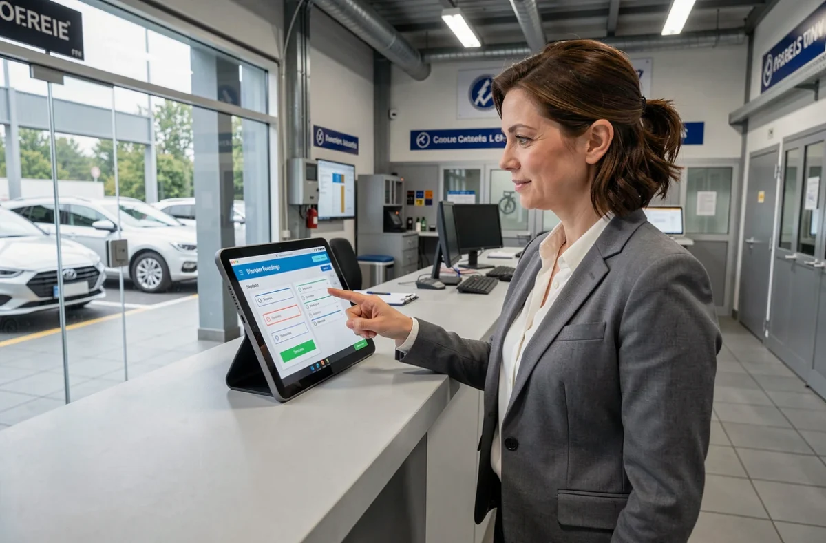 Responsable de centre Sécuritest guidant un nouvel affilié à travers le portail d'onboarding sur tablette