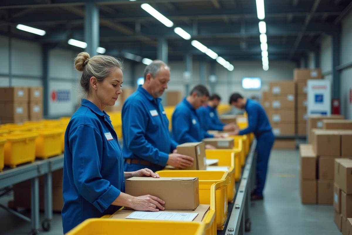 Employée La Poste triant des colis express dans un centre de tri logistique Chronopost en France