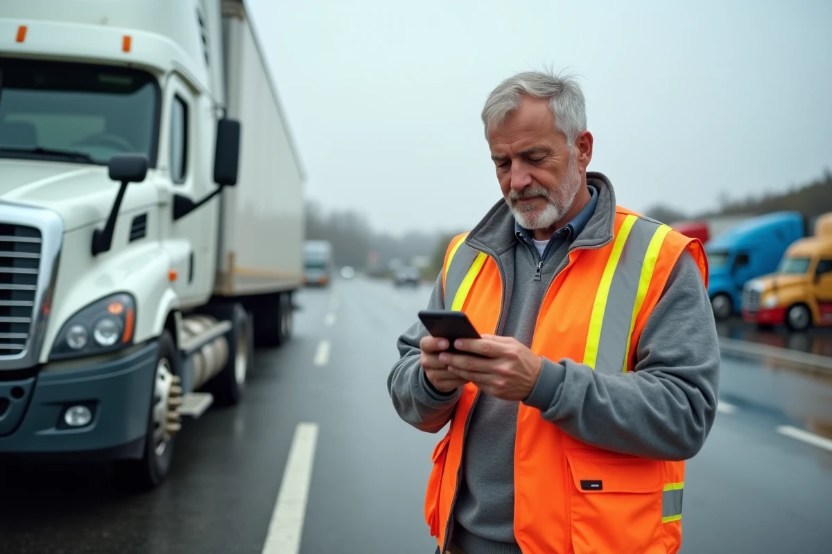 Chauffeur poids lourd consultant un simulateur de salaire sur son téléphone dans une aire de repos autoroutière