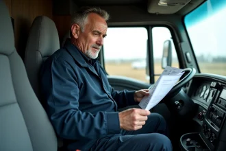 Chauffeur routier dans la cabine de son camion examinant sa fiche de paie avec attention