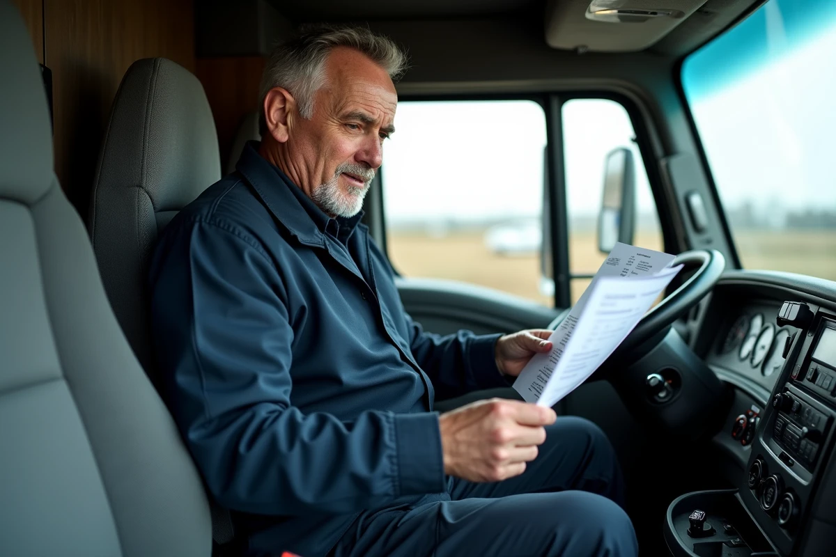 Chauffeur routier dans la cabine de son camion examinant sa fiche de paie avec attention