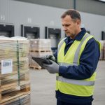 Conducteur de camion en veste réfléchissante scanne un pallet