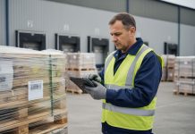 Conducteur de camion en veste réfléchissante scanne un pallet