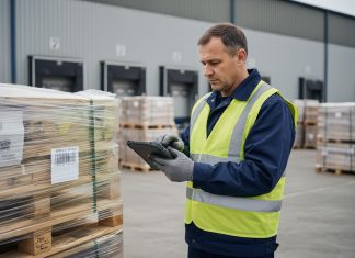Conducteur de camion en veste réfléchissante scanne un pallet