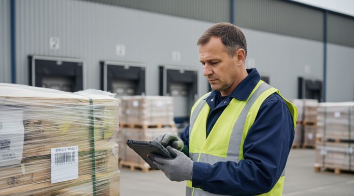 Conducteur de camion en veste réfléchissante scanne un pallet