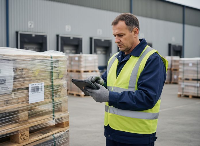 Conducteur de camion en veste réfléchissante scanne un pallet