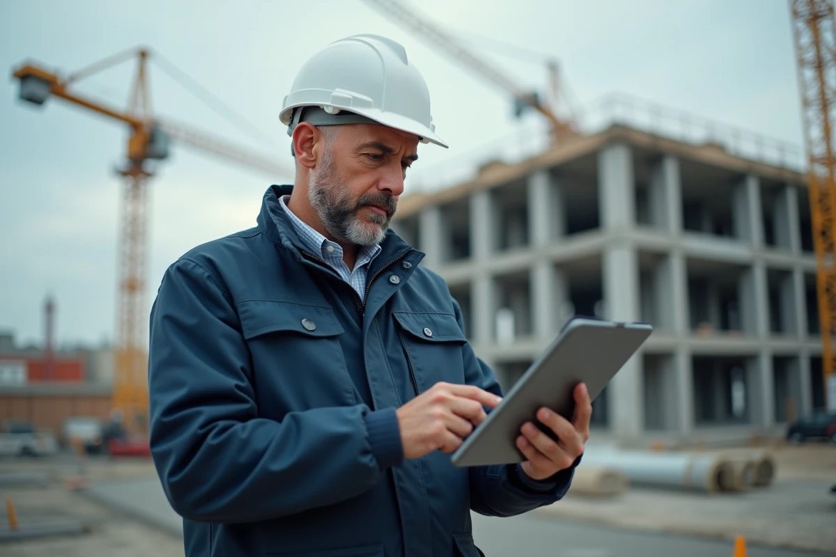 Chef de chantier en veste de travail et casque sur site