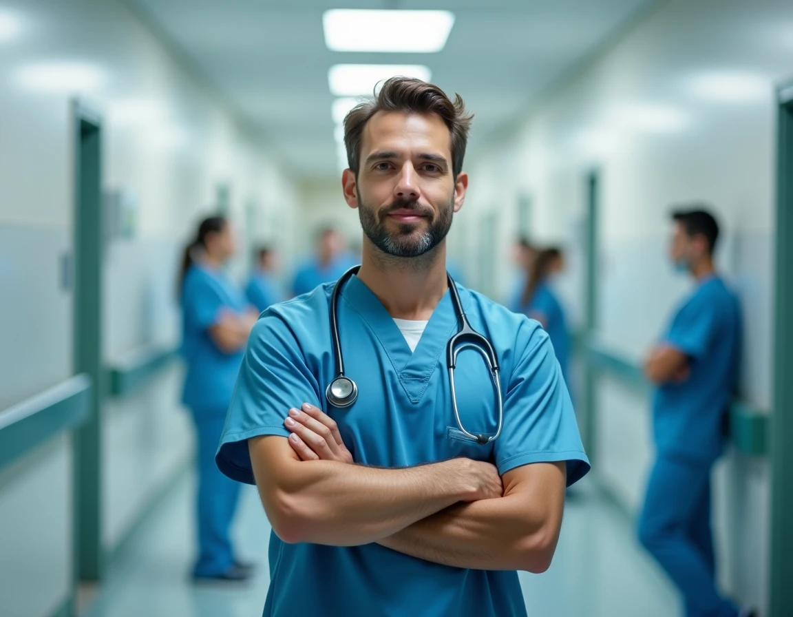 Chirurgien en tenue médicale dans un couloir d'hôpital, représentant les professions médicales parmi les métiers les plus rémunérateurs à long terme