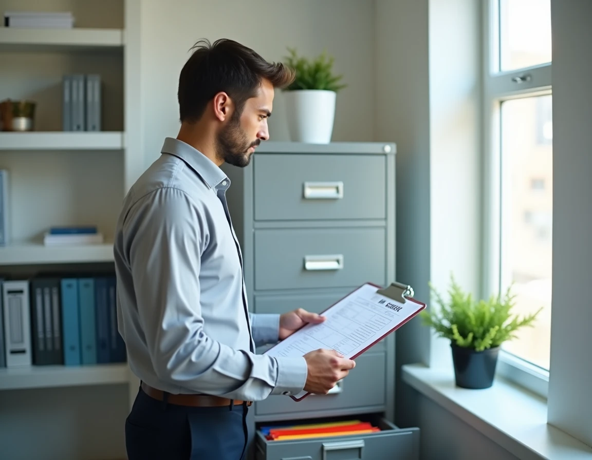 Responsable administratif consultant un classement RH avec des dossiers codés par couleur dans un meuble de rangement