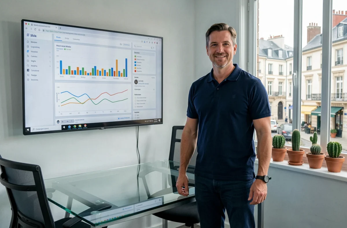 Responsable d'agence ClicSite présentant un tableau de bord analytique de trafic web dans un bureau professionnel avec vue sur la ville