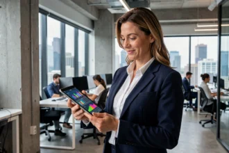 Directrice marketing dans un bureau tech moderne tenant une tablette avec des tableaux de bord analytiques, incarnant les profils de talents attirés par le poste de CMO chez eBay
