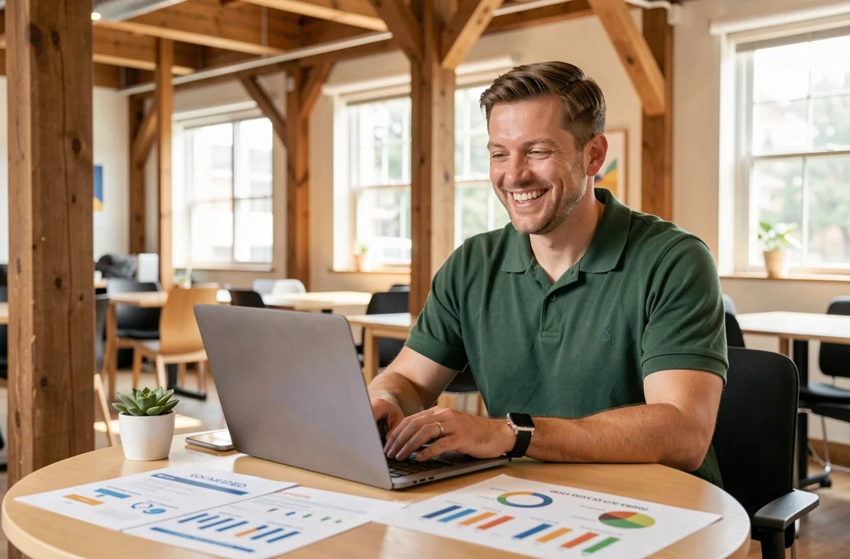 Professionnel marketing de Colibri Marketing travaillant sur une campagne SEO locale dans un espace de coworking avec poutres en bois