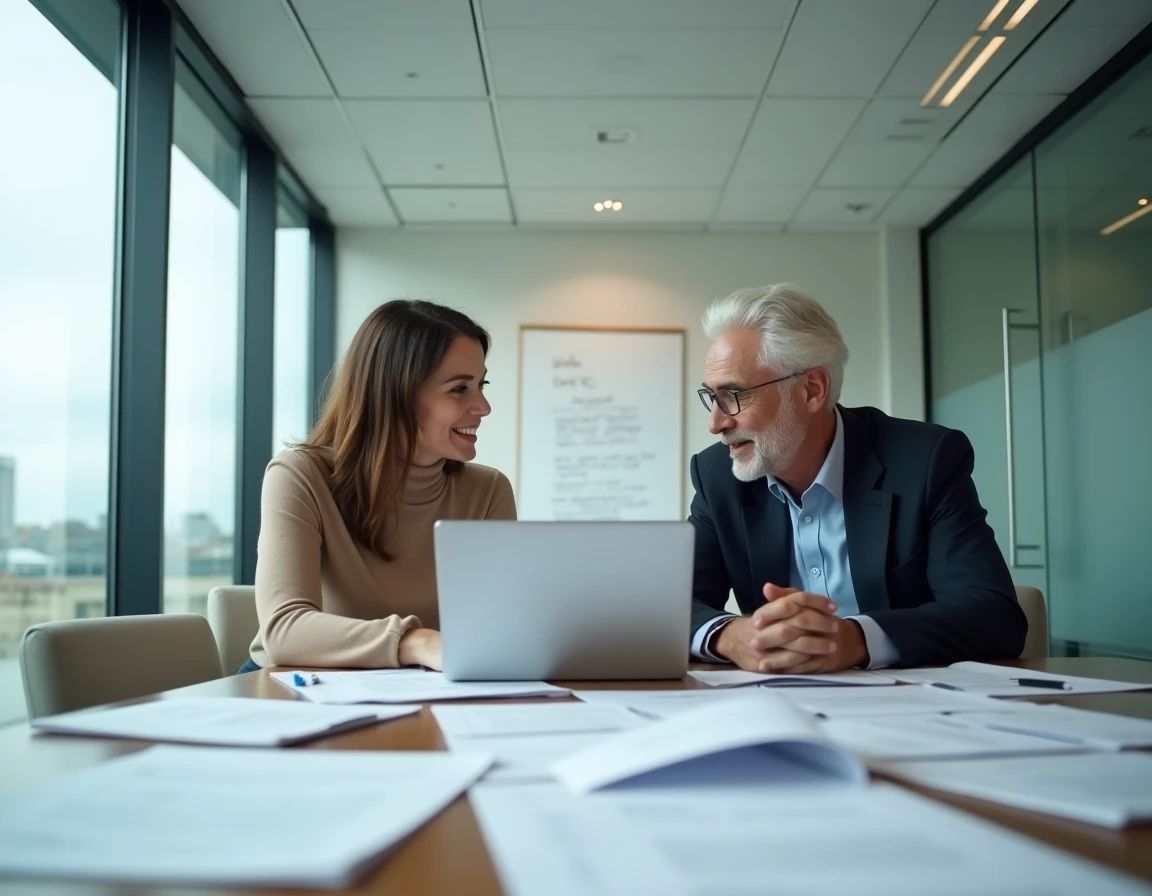 Deux professionnels RH collaborant sur des documents employés autour d'une table de réunion avec un ordinateur portable