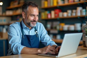 Commercant assis au comptoir avec ordinateur dans une boutique