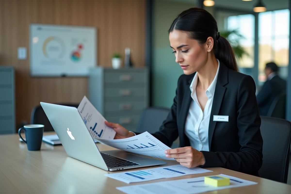 Commerciale automobile analysant des donn&eacute;es de vente et de gestion de leads sur un logiciel CRM dans un bureau de concession