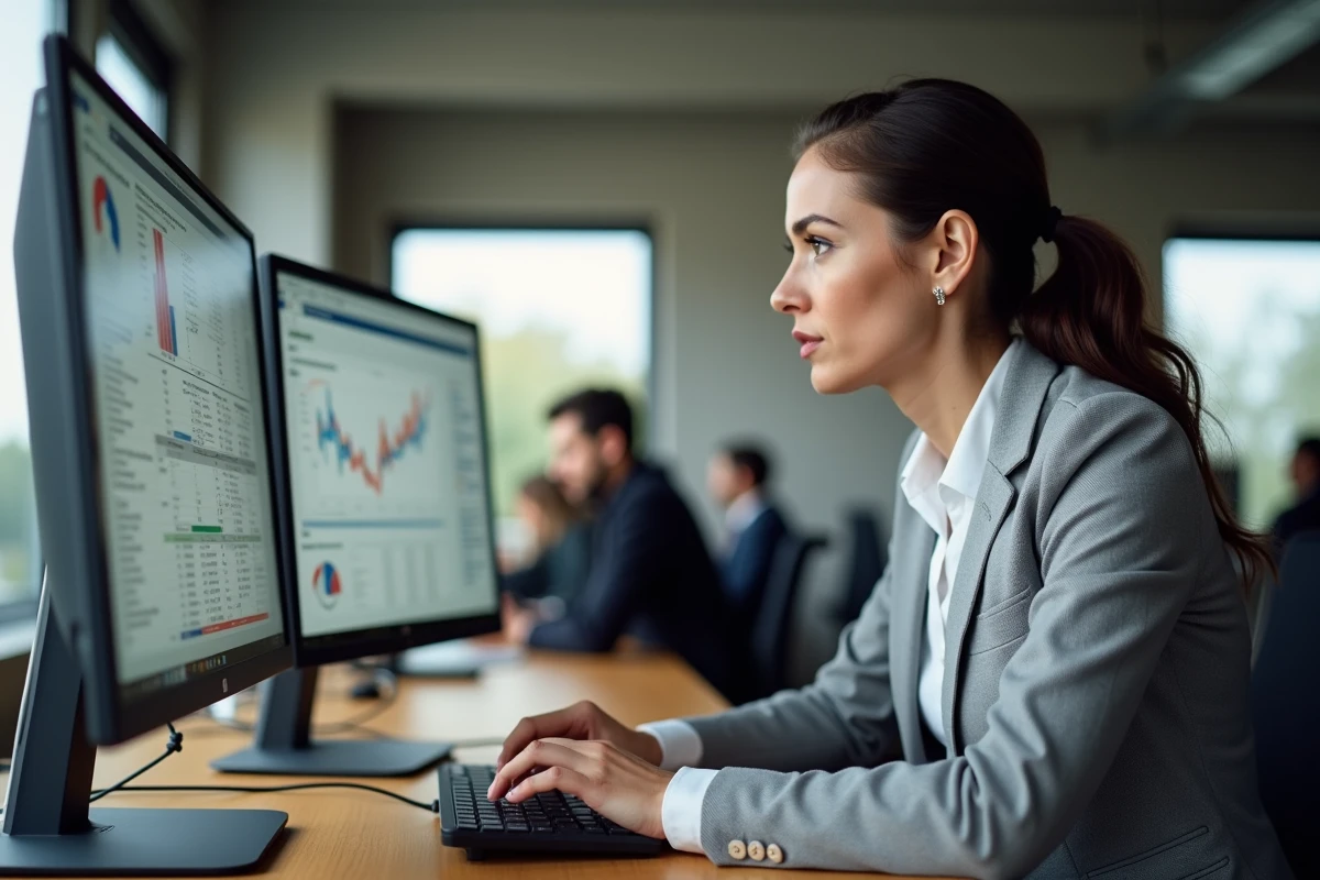 Professionnelle en blazer gris comparant un tableau Excel et un logiciel de veille médiatique sur deux écrans dans un open space moderne