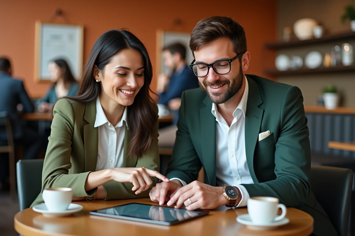 Deux entrepreneurs comparant les services INPI Guichet unique et Legalstart sur une tablette dans un café pour choisir la meilleure solution d'immatriculation