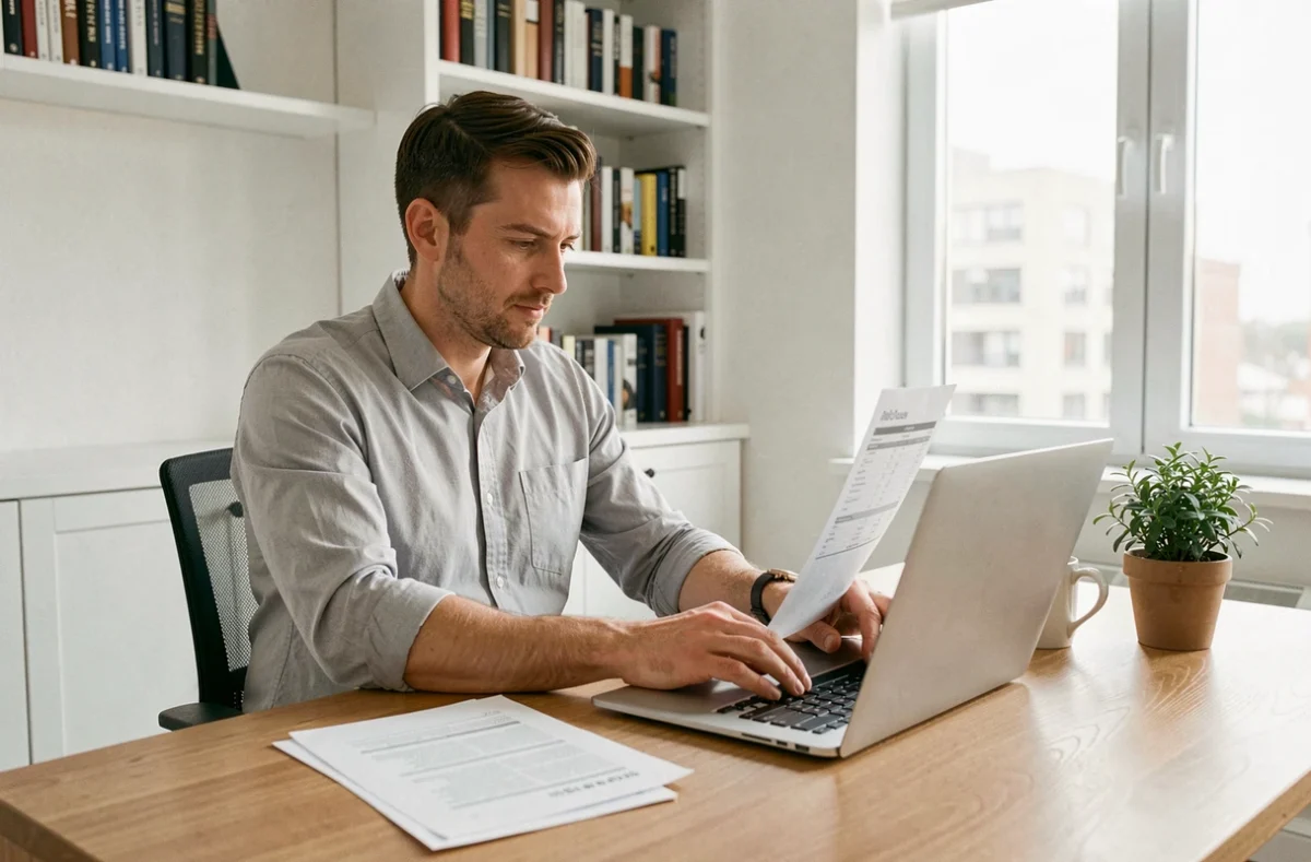 Entrepreneur indépendant comparant les offres et tarifs de domiciliation d'entreprise depuis son bureau à domicile