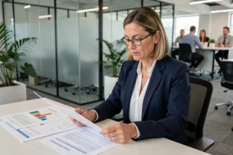 Femme professionnelle comparant des contrats de portage salarial dans un bureau moderne