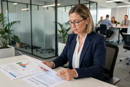 Femme professionnelle comparant des contrats de portage salarial dans un bureau moderne