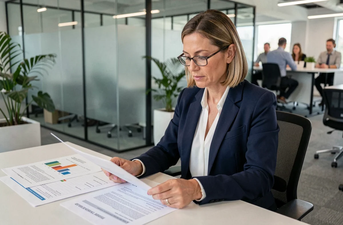 Femme professionnelle comparant des contrats de portage salarial dans un bureau moderne