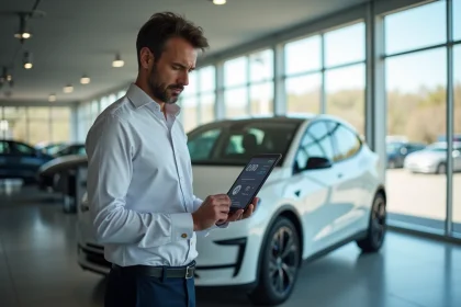 Concessionnaire automobile consultant une application de gestion digitale sur tablette dans une salle d'exposition de véhicules modernes