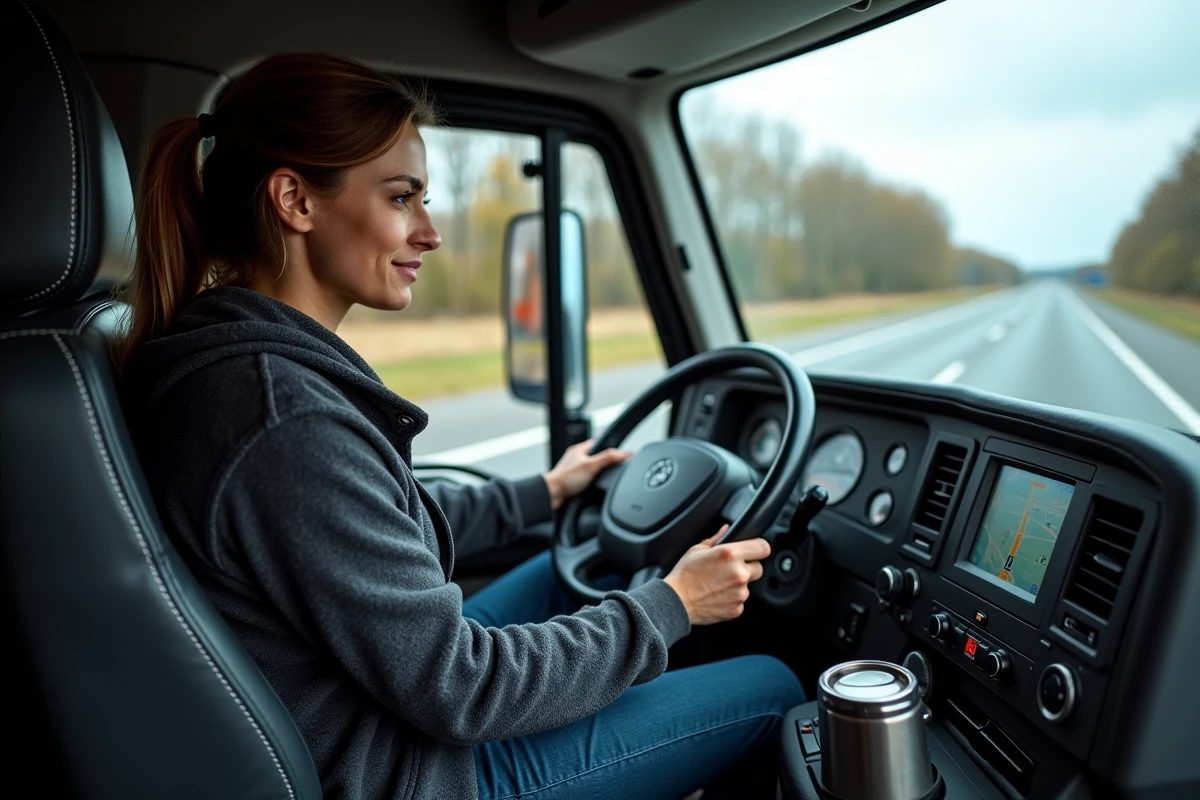 Conductrice de camion longue distance dans la cabine d'un poids lourd moderne, consultant un GPS sur autoroute européenne en automne