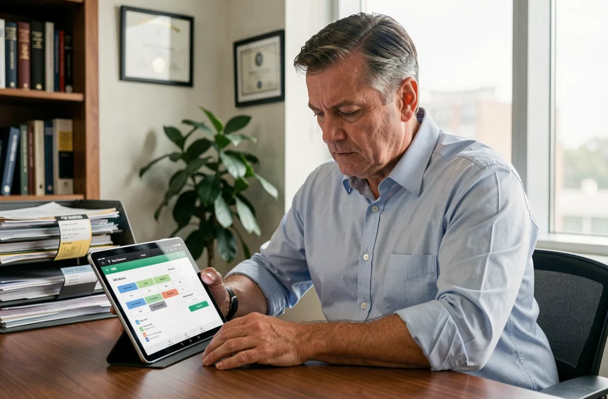 Dirigeant configurant l'outil RH Desk sur tablette dans un bureau privé après changement de prestataire comptable