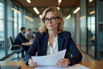 Professionnelle analysant des documents de conformité financière dans un bureau moderne à Paris pour un service de transfert d'argent international