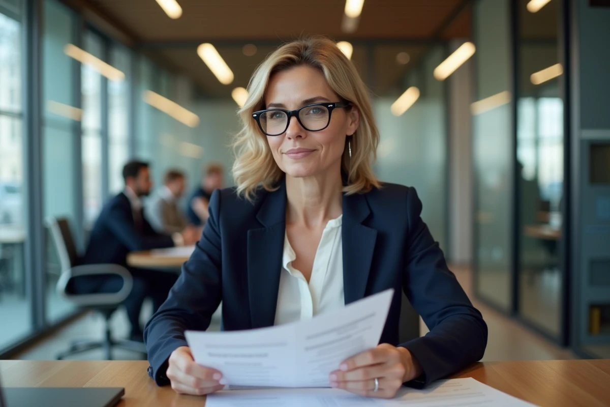 Professionnelle analysant des documents de conformité financière dans un bureau moderne à Paris pour un service de transfert d'argent international