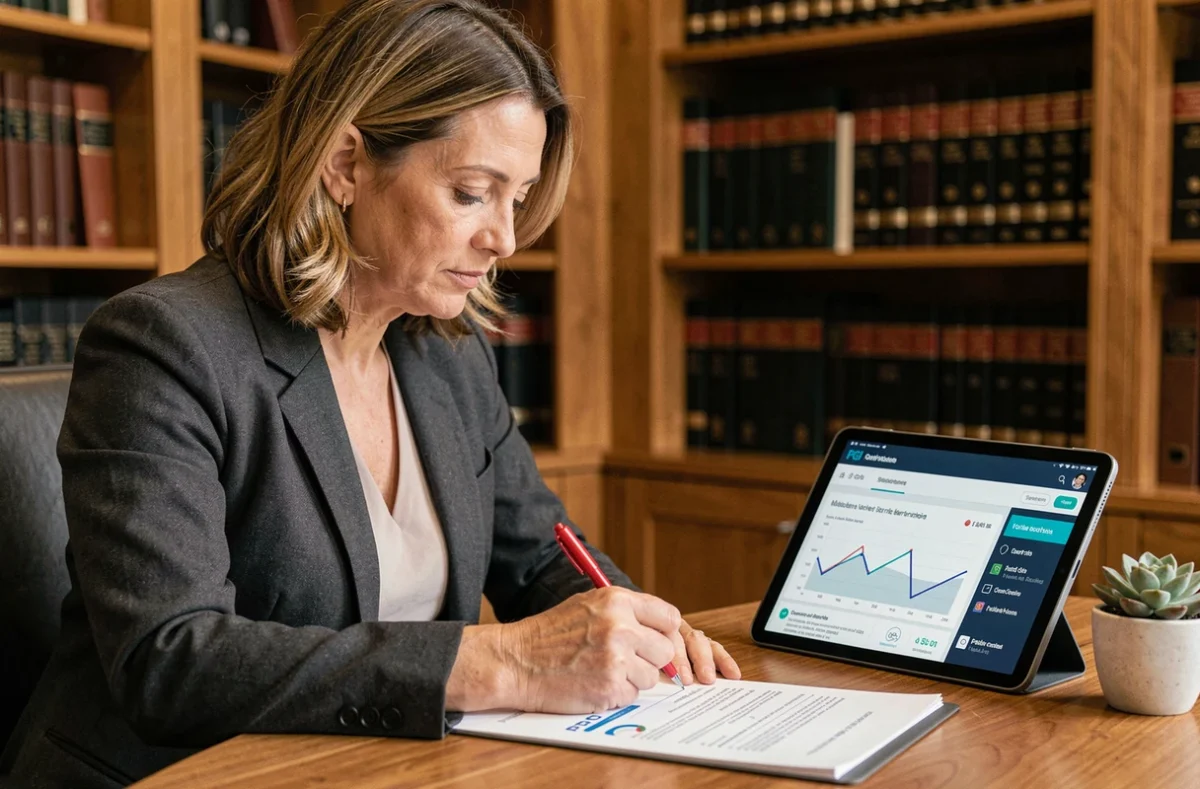 Responsable conformité juridique annotant un contrat de travail français à côté d'un tableau de bord PGI sur tablette