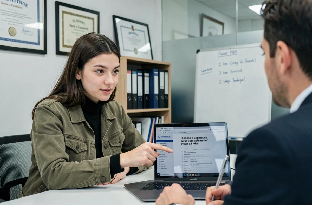 Jeune entrepreneuse consultant un conseiller pour la domiciliation de son entreprise à Villeurbanne