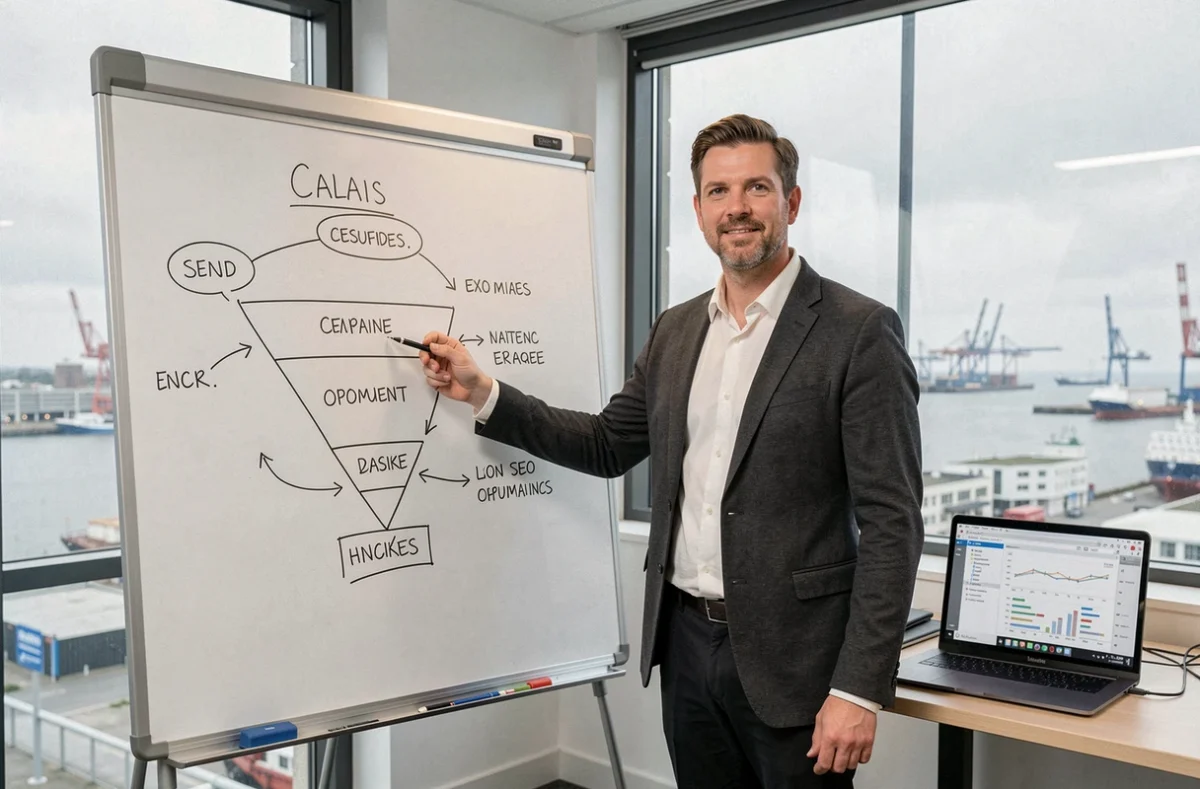 Consultant SEO à Calais debout devant un tableau blanc avec un schéma de référencement naturel