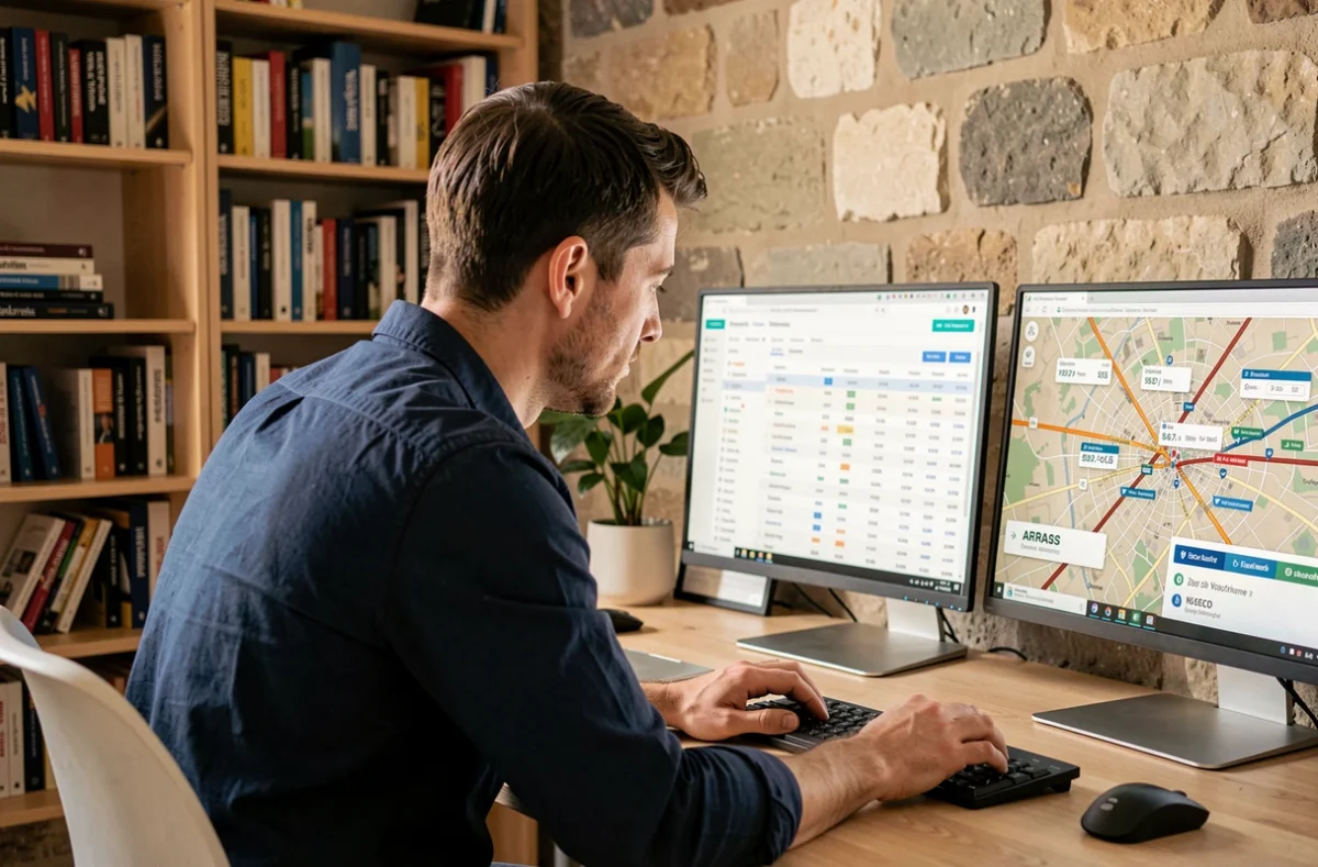 Consultant SEO freelance travaillant seul sur son ordinateur dans un bureau à Arras