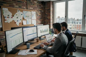 Bureau de consultant SEO dans le Pas-de-Calais avec écrans d'analyse et professionnels collaborant