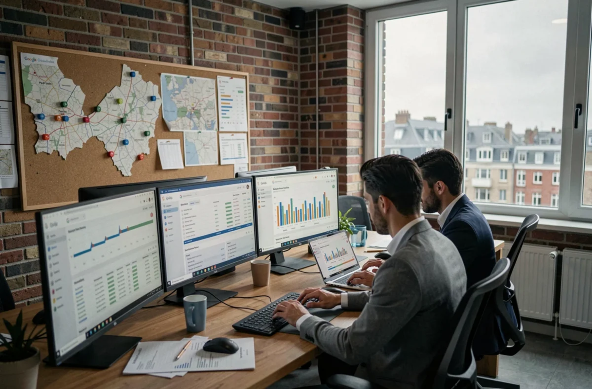 Bureau de consultant SEO dans le Pas-de-Calais avec écrans d'analyse et professionnels collaborant