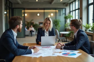 Consultante experte accompagnant des dirigeants de PME lors d'une réunion de croissance en entreprise