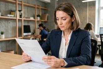 Consultante indépendante en portage salarial étudiant un contrat dans un espace de coworking moderne