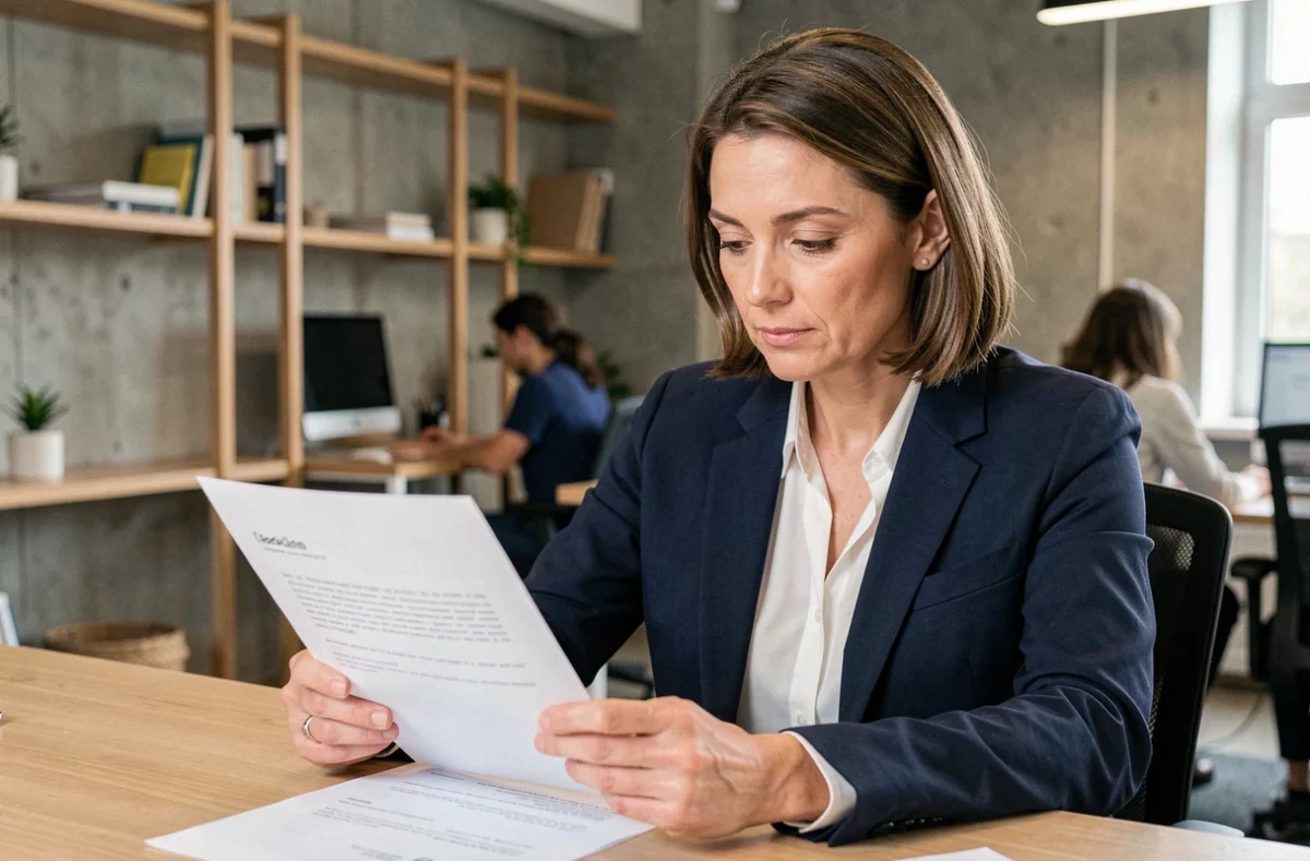 Consultante indépendante en portage salarial étudiant un contrat dans un espace de coworking moderne