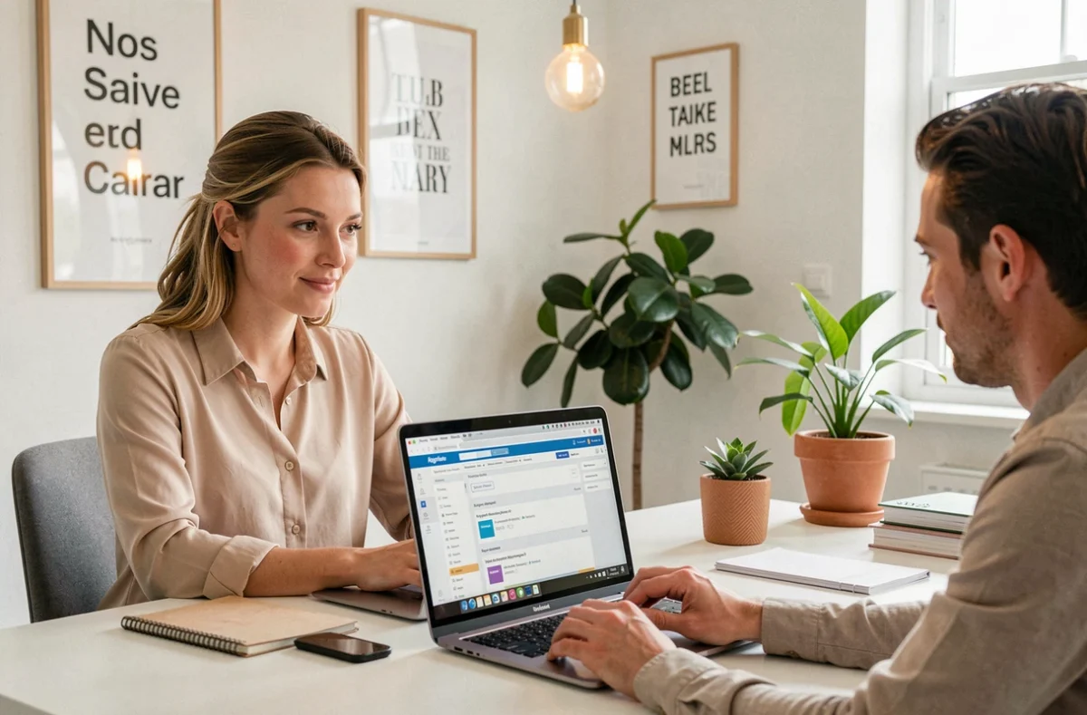 Consultante SEO féminine présentant une stratégie de référencement à une cliente dans un bureau moderne