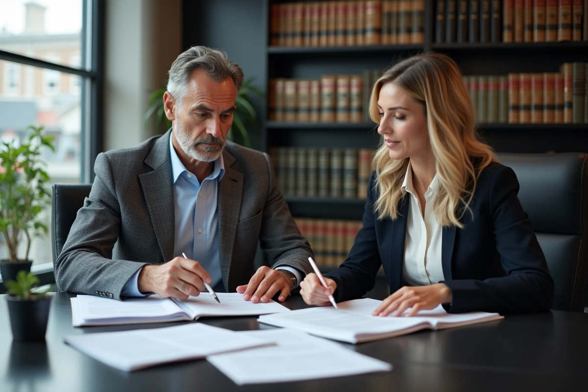 Un salarié en costume gris consulte une avocate spécialisée en droit du travail pour connaître ses droits en cas de licenciement
