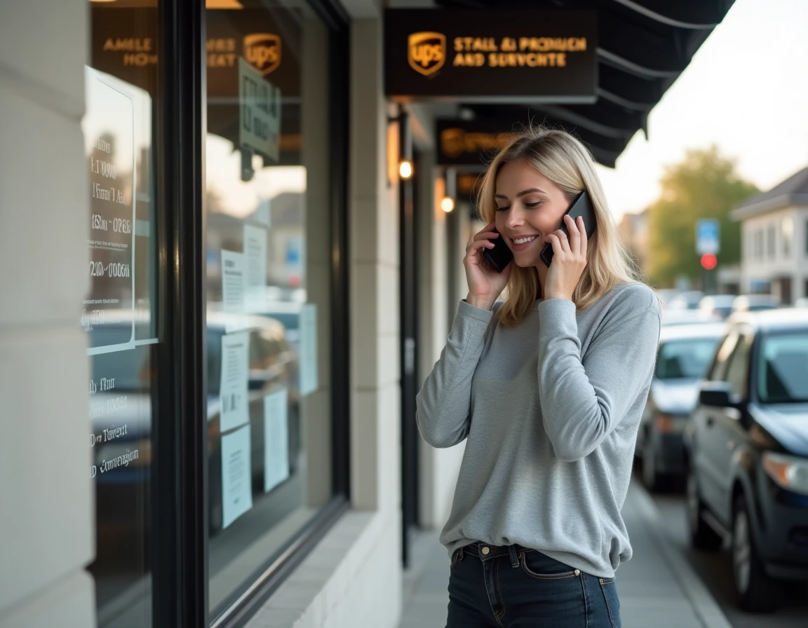 Femme consultant les informations de contact affichées devant le centre UPS de Corbeil-Essonnes depuis son téléphone