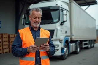 Coordinateur logistique en gilet de sécurité orange consultant une tablette numérique devant un camion semi-remorque blanc dans un dépôt de transport routier européen