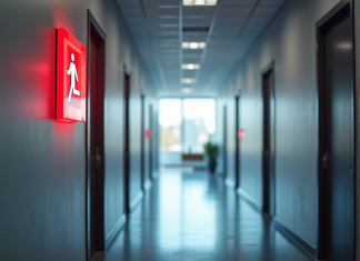 Couloir moderne avec panneaux de sécurité incendie lumineux