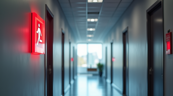 Couloir moderne avec panneaux de sécurité incendie lumineux