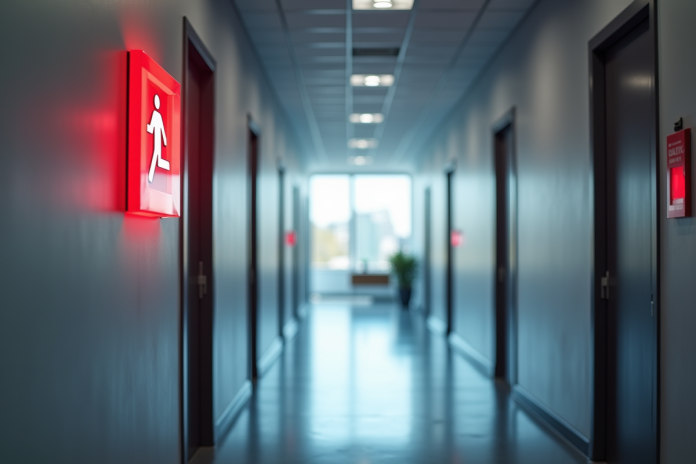 Couloir moderne avec panneaux de sécurité incendie lumineux