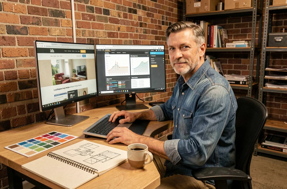 Webdesigner de CreaSiteWeb18 travaillant sur la refonte d'un site local et un audit SEO dans un studio créatif avec briques apparentes