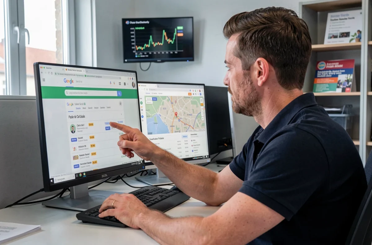 Spécialiste en création de site et référencement local examinant un site web dans un bureau du Pas-de-Calais